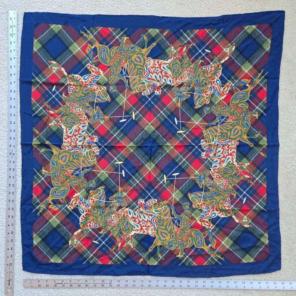 Vintage Carlisle Silk Scarf Plaid Polo Horses Equestrian Hand Rolled Preppy - Picture 3 of 9